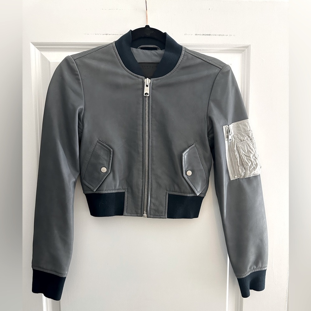 All Saints Gray Bomber Leather Crop Jacket